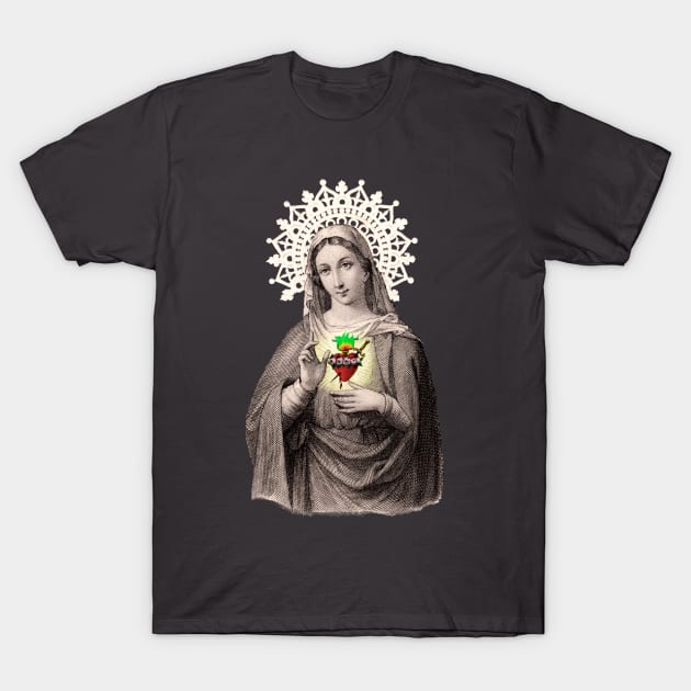 Blessed Virgin Mary Antique Lace Holy Card T-Shirt by Catholicamtees